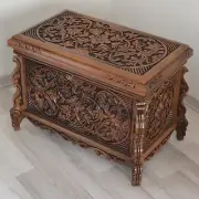 Walnut Wood Coffee Trunk Table, Hand carved Decorative Storage Chest