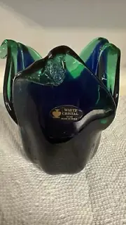 MURANO White Cristal Art Glass Green-Blue Tulip Vase Handmade in ITALY w/ Tags