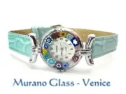 MURANO GLASS WATCH authentic CERTIFICATE Quartz SEIKO leather CHROME, Azure Blue