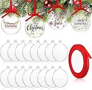 16 Pieces Clear Round Acrylic Christmas Ornament with Red Ribbon DIY Blank Round Acrylic Ornament Transparent Circle Discs for Christmas Bauble Tree Decoration Tag Craft (Cute Style, 4 Inches)