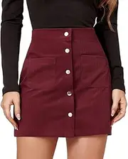 [RSBFK] Women's A-line Fall Winter Corduroy Skater Skirt Button Front Mini Skirt with Pockets