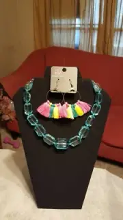 Blue Acrylic Necklace (free earrings) + Colorful Fringe Earrings set in silver
