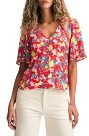 Isaac Mizrahi New York Floral Flutter Sleeve Button-Up Top in Brushstroke Botanica at Nordstrom, Size Small