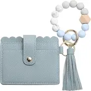 [SUIKIHUM] Card Holder Wallet with Silicone Beaded Bracelet, Slim PU Leather Wallet for Women, Compact and Lightweight Design for Daily Use, Beige Light Blue, Beige Light Blue, Daily