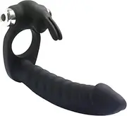 Silicone Butt Plug Dual Penetration Vibrating Double Dildo with Cock Ring Penetrator Men Couple Anal Plug Sex Strapon Enhancer 7 Speed Adult Women Pleasure (Black)