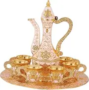 STARTIST Turkish Set, Vintage Teapot Set with Cups Tray, Antique Metal Wine Glass Jug Set, European Wine Set for Living Room, Bar, Home Decorative, Aureate White