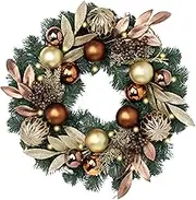 Valery Madelyn Pre-Lit Christmas Wreath for Front Door with Lights, 20 Inch Large Lighted Christmas Wreath with Bronze Copper Gold Balls for Fireplace Window Outdoor Table Centerpiece Xmas Decoration