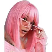 Pink Bob Wigs with Bangs 12 Inch Short Straight Bob Wigs Colorful Synthetic Cosplay Daily Party Wig for Women