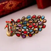 Vintage Handmade Bangle Multi Color Rhinestone Peacock Hinged Cuff Bracelet