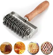 AMPSEVEN Stainless Steel Dough Lattice Top Cookie Pie Pizza Bread Pastry Crust Roller Cutter,Wood Handle