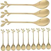 BUGUUYO 20pcs Gold Mini Mixing Spoons Set Stainless Steel Espresso Spoons with Leaf Design for Coffee Tea Appetizers Charcuterie Home Parties