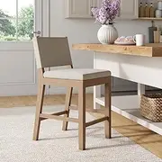 [Nathan James] Linus Modern Upholstered Counter Height Bar Stool with Back and Solid Rubberwood Legs in a Wire-Brushed Light Brown Finish, Natural Flax/Brown
