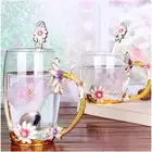 Enamel Butterfly Flower Tea Cup Set with Spoon and Lid Glass Coffee Mug Mothers