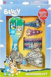 LUV HER Girls' 15-Piece Hair Accessories Set – Bluey-Themed Brush, Bow, PVC Snap Clips & Lurex Elastics – Fun & Practical Hair Set for Kids Ages 3+