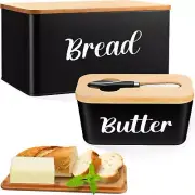 2 Pcs Bread Box and Butter Dish with Bamboo Cutting Board Lid, Large Metal Br...