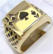 18K GOLD EP LUCKY ACE SPADES JACK MENS CARD RING SIZE 7-14 u choose