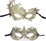 iMapo Masquerade Mask for Women 2 Pack, Girl's Sexy Lace Venetian Style Eye Masks for Cosplay Mardi Gras Halloween Party Costume Ball - Gold