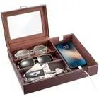 1 Layer Valet Tray for Men, PU Leather Nightstand Organizer 4-Slot Espresso