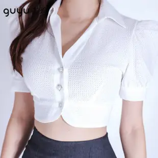 套裝2023夏季新款韓版白色露腰上衣短版襯衫+荷葉邊超短裙 性感 兩件式OL套裝