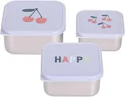 LÄSSIG Snackbox Kids Set of 3 Stainless Steel Lunch Boxes/Snackbox Stainless Steel Happy Fruits Cherry