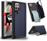 [FRLMOOES] for Wallet Samsung Galaxy S21 Ultra Case Built-in Card Holder(2 Cards)&Kickstand S21 Ultra Case with Screen Protector,Hidden Card Wallet Galaxy S21Ultra Case Heavy Duty Shockproof Cover Blue