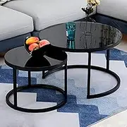 Nesting Table Round,Simple Style Nesting Coffee Table Set of 2,Tempered Glass Modern Accent Side End Table,Robust Steel Frame,for Living Room Office Balcony (Color : Black, Size : Black Frame)