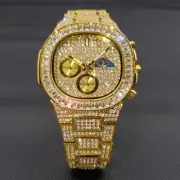 36MM 3AAA+ CZ Hop Hip Ice Out Men's Quartz Chronograph Watch With Moon Phase