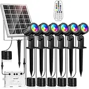 MEIKEE Solar Garden Lights Outdoor with Remote Control - 6 in 1 RGB Spotlight IP66 Waterproof 10 Steady Colours & 30 Color-Changing Modes, Timing, Colorful LED Landscape Light for Yard Lawn Tree Pool