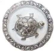 Metal Tortoise Showpiece with Plate For Good Luck Color Silver