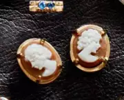 NOS Hand Carved Gold Plated Italian Conch Shell Cameo Post Earrings ½" l x ⅜"