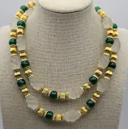 KRISA GREEK JEWELRY Green Agate Necklace Gold-Tone Metal White Glass Beaded 32"