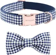 ARING PET Dog Collar, Cotton & Webbing, Adjustable Dog Collar with Bowtie, Puppy Collars or leashes for Small Medium Large Dogs, Navy Plaid, Collar+Bowtie - XL