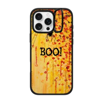 iPhone 16 Pro Max Impact Ring Stand Case MagSafe Compatible BOO! Spooky Cool Spider Halloween Typography Creepy Festive Trick or Treat Orange Black Spiderweb All Hallow's Eve Bold Fine Art Painting Design