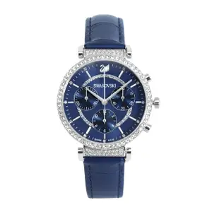 【SWAROVSKI 施華洛世奇】PASSAGE CHRONO 藍色 三眼計時皮革錶帶腕錶 手錶 女錶 母親節(5580342)