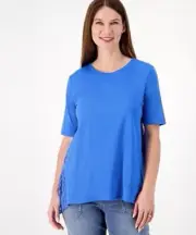 LOGO by Lori Goldstein Cotton Modal Top With Lace Trim French Blue XS A602306