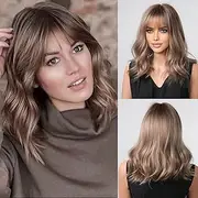 HAIRCUBE Long Hair Wigs for Women Wavy Hair with Bangs Light Brown