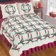 3Pc Christmas Wedding Ring Patchwork Holiday Bedspread Quilt Set w/ Shams KING