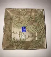 Vintage Sousaku Japan Square Dish Sushi Grapes Leaves Sage Green Brown 5 ¼ In