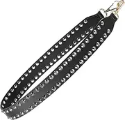 [HieoAnir] Wide Leather Shoulder Bag Strap, Silver Studded, Cross Body Handbag Strap, PU Leather, Sturdy and Comfortable, 1.57 x 35.43 inches, Double-Sided Black with Silver Hardware, Black