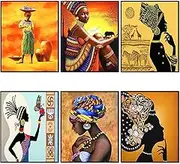 Outus 6 Pieces African Wall Art Painting Ethnic Ancient Retro Canvas Picture Black Woman Ethnic Ancient Theme Diamond Girl for Home Bedroom Bathroom Wall Decor, Unframed