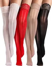 [Bencailor] 4 Pairs Shiny Thigh High Stockings Oil Silicone Lace Top Sheer Tights Over Knee Stockings Socks for Women(Black, Red, Brown, White,Medium), Black, Red, Brown, White