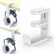 PC Gaming Headset Headphone Hook Holder Hanger Mount, Adjustable with 360 Rotating Arm Clamp & Built in Cable Clip, Universal Fit Under Desk Design Built in Cable Clip Organizer (White)