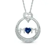 4.0mm Heart-Shaped Lab-Created Blue Sapphire and 0.05 CT. T.W. Diamond "MOM" Circle Pendant in Sterling Silver