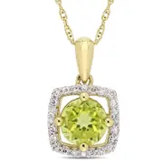 6.0mm Peridot and 0.1 CT. T.W. Natural Diamond Cushion Frame Pendant in 10K Yellow Gold - 17"