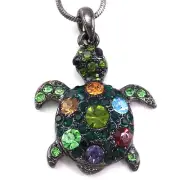 Dark Green Sea Turtle Animal Charm Pendant Necklace Multicolor Crystals Fashion
