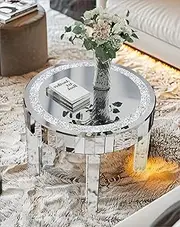 Artloge Round Mirrored Coffee Table: 60cm Silver Mirror Crystal Table Top with Decorative Bling Crushed Diamond Edge Frame and All Mirror Legs Modern Home Art Deco Furniture for Livingroom
