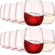 Tioncy 12 Pcs Pink Red Wine Glasses Plastic Stemless Reusable Colored Wine Glasses Unbreakable Party Cups for Valentines Party Wedding Birthday Cocktail Champagne,14 oz(Crystal Pink)