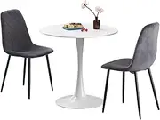 DEJINBU 3-Piece Dining Set 1x White Tulip Round Table & 2 Grey Velvet Upholstered Chairs Space-Saving Kitchen Table Set for Small Spaces Elegant Breakfast Nook Apartment Condo Furniture