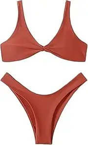 [Generic] Women's Twist Front High Cut Thong Two Piece Bikini Set Swimsuit