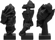 prosfalt 3 Pcs Thinker Statue, Silence is Gold Abstract Art Figurine, No Hear No See No Speak Modern Home Resin Sculptures Decorative Objects Decor for Home Office Bookshelf Desktop(Black) (A-41)